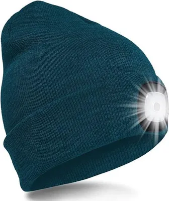 Produktbild von Unyqoos® LED-Beanie mit integrierter Stirnlampe, USB-wiederaufladbar, 4 LEDs & 3 Helligkeitsstufen, abnehmbar und waschbar, warm, dunkelgrün, Einheitsgröße