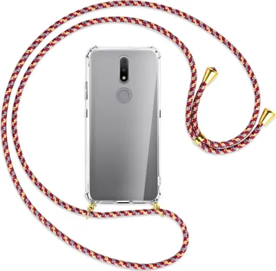 Produktbild von Handykette Backcover-Schutzhülle mit Band (Metall goldfarben) für Nokia 2.4 - weinrot/gelb/grau