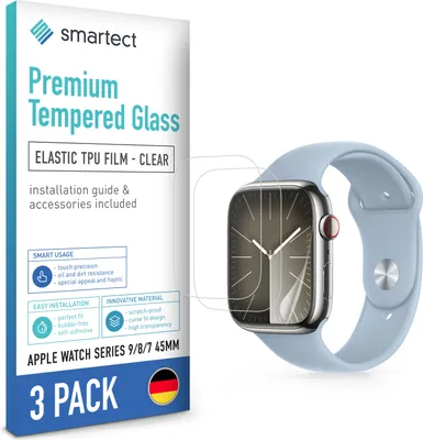Produktbild von smartect TPU Schutzfolie Klar für Apple Watch Series 9 / 8 / 7 45mm, 3 x Front
