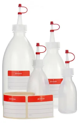 Zdjęcie produktu dla 4 plastikowe butelki o pojemności 50, 100, 250, 500 ml z LDPE, naturalne, z zakraplaczem, czerwonym paskiem mocującym i nakrętką