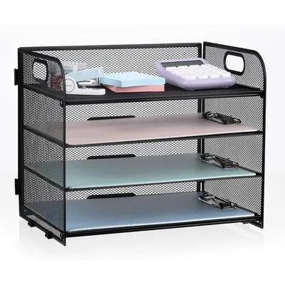 Produktbild von A4 Briefablage aus Metall,4-stöckige stapelbare Dokumentenablage, Mesh Papierablage mit Griff, kompakt, 32,8×24,7×27,6 cm, Schwarz