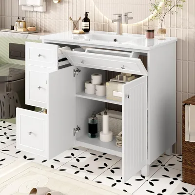 Obrázok produktu pre Podstavná skrinka pod umývadlo, 91,5 x 46,5 x 89 cm, lakovaná, s funkciou jemného dovierania (biela)