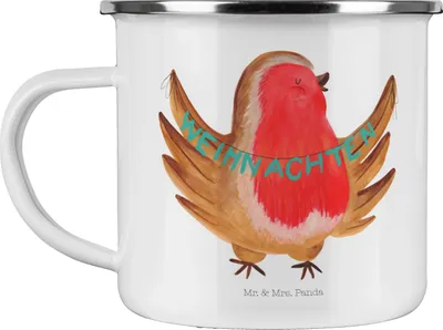 Produktbild von Mr. & Mrs. Panda Pott Rotkehlchen Weihnachten - Weiß - Geschenk, Vogel, emaillebecher, Emaille Tasse, Teetasse, Weihnachtsgruß, becher, Winter, Frohe, Heiligabend