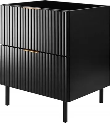A black cabinet with fluted drawers and gold handles, resting on thin black legs against a white background.