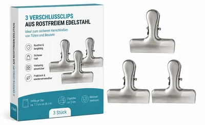 Produktbild von Edelstahl Verschlussclips 3er Set für Tüten & Beutel rostfrei Silber, KI-generiertes Bild