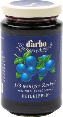Produktbild von Food-United FRUCHTAUFSTRICH zuckerreduziert von DARBO Heidelbeere 250g Glas fruchtiger blueberries spread mit 1/3 weniger Zucker perfekt für Quark Brot und Brötchen Frühstück Heidelbeeren-Kuchen Porridge Pudding Eiscreme Torten Füllungen Gebäck