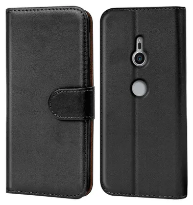 A black flip case for a Sony Xperia XZ2 phone, shown from the front and back.