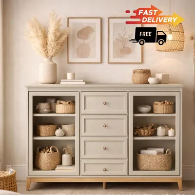 Produktbild von Windsor 07 Vitrine in Kaschmir mit Glastüren & 4 Schubladen – 92 cm breit, Soft-Close, Eichenfüße, goldene Griffe