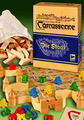 Produktbild von Schmidt Spiele Carcassonne Die Stadt Brettspiel Holz-Edition für 2-4 Spieler, ca. 30 Min.