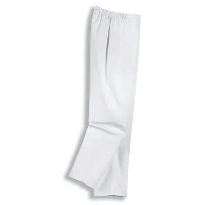 A pair of white work pants is shown against a white background.
