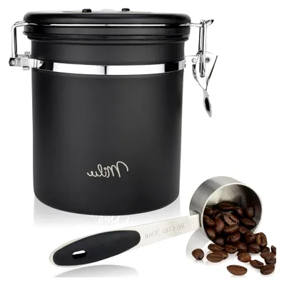 Produktbild von Luftdichte Kaffeedose | 500g, 700g | Edelstahlbehälter für Kaffeebohnen mit Kaffeelöffel (Schwarz, 500g)