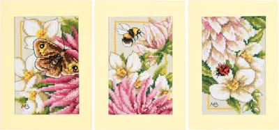 Image de Kit Lanarte pour la broderie au point de croix, modèle "Cartes de vœux Dahlia en soie rose", Marjolein Bastin, ensemble de 3 pièces, 10,5 x 15 cm