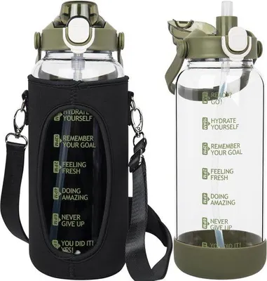 Productafbeelding van 1.5L Glazen Waterfles met Rietje en Motivatie Tijdmarkeringen