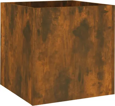 A square planter made of wood-look material.