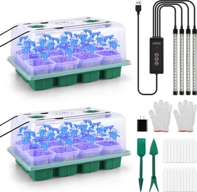 Produktbild von Anzuchtkasten mit Pflanzenlampe, 2 Stück, 24 Zellen Saatschale mit Feuchtigkeitskuppel, wiederverwendbare Anzuchtplatte, Mini-Gewächshaus, kleines Anzuchtset