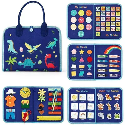Produktbild von Lernspielzeug Filz Busy Board für Kinder, Motorikbrett, multifunktional, Reise-Spielzeug, Blauer Dinosaurier