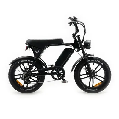 A black electric fat bike is shown against a white background.