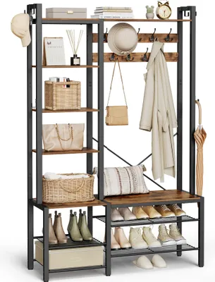 Produktbild von VASAGLE Garderobenständer mit Schuhbank, 5 Regalebenen, 9 Dreifach-Haken, 6 seitliche Haken, 40x120x190 cm, Vintagebraun-tintenschwarz