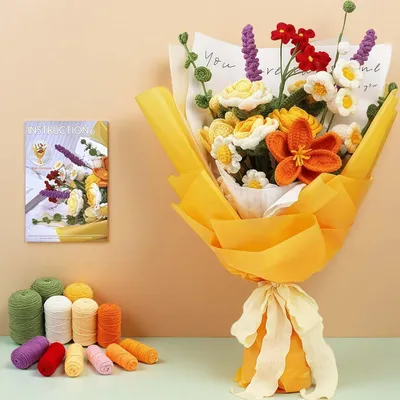 Produktbild von Gehäkelter Blumenstrauß, Blumenstrauß-Häkelset - Rosen und Gänseblümchen als Geschenk für Liebhaber, Familie und Freunde, Gelb
