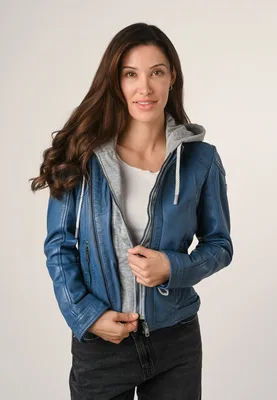 Produktbild von Mauritius - Damen Lederjacke Lammnappa Kapuze blau : M