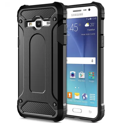 A black protective case for a Samsung Galaxy J5 2015 smartphone is shown next to the phone.