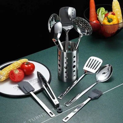 Immagine prodotto di Set di pentole in acciaio inossidabile, set da cucina da 13 pezzi, set da cucina, set da cucina con portautensili, antiaderente e resistente al calore, lavabile in lavastoviglie