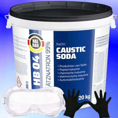 Produktbild von Ätzsoda Rohrreiniger 20kg Eimer Abflussfrei kaustisches Soda Natronlauge + Schutzbrille + Nitrillhandschuhe Arbeitskomfort Set HB04