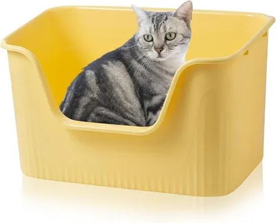 Image de Grande litière pour chat XXL sans couvercle - 64 x 45 x 33 cm - Pour chats, lapins et chatons - Jaune - Bords hauts - Facile à nettoyer - Matériau durable