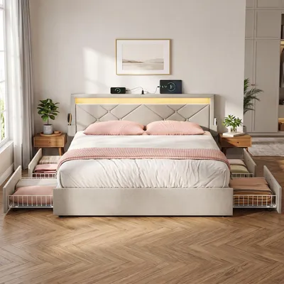 Produktbild von VASAGLE Polsterbett mit LED, 4 Schubladen, USB, 180 x 200 cm, Cappuccinobeige