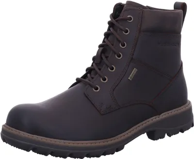 A single brown leather boot is shown against a white background.