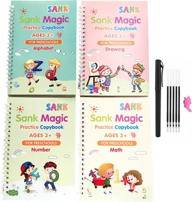 Zdjęcie produktu dla 4 Stück Magisches Heft Englisch, Magisches übungsheft mit Stift, Magische Heftchen Zum Schreiben Und Rechnen Lernen - Set