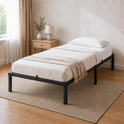 Produktbild von Metallbett 90x200 cm mit Metall-Lattenrost, stabiles Bettgestell bis 160 kg, 30 cm Stauraum, 6 Matratzenstopper, Schwarz