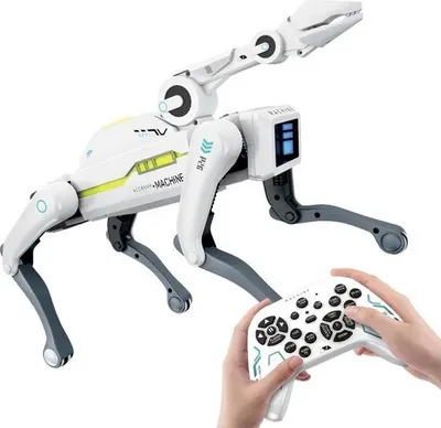 A white robot dog with a remote control.