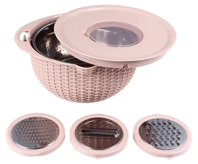Zdjęcie produktu dla Miska z sitkiem 4 w 1 z narzędziami do krojenia, obrotowe sitko, 2-warstwowa stal nierdzewna, ergonomiczny uchwyt, wszechstronne mycie warzyw, różowa
