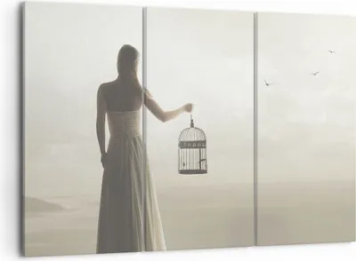 Produktbild von Bild auf Leinwand - Leinwandbild - 3 Teile - Frau Käfig Vogel - 105x70cm - Wand Bild - Wanddeko - Wandbilder - Leinwanddruck - Bilder - Wanddekoration - Leinwand bilder - Wandbild - CE105x70-4787