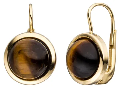 Produktbild von Ohrringe Boutons Ohrhänger mit Tigerauge braun Halbkugel 333 Gold Gelbgold