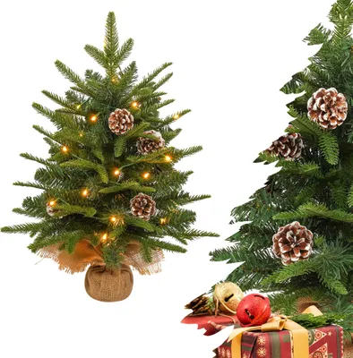 Obrázok produktu pre JOIEYOU 60cm mini umelý vianočný stromček PE+PVC mix jedľa umelé rastliny s 30 teplými bielymi LED svetlami, borovicové šišky pre vianočné dekorácie