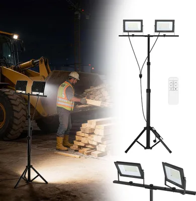 Image de Projecteur de chantier FIVMEN 2x100W LED avec trépied et télécommande, pivotant à 180°, câble de 3 m, réglable en hauteur de 100 à 165 cm, blanc froid, projecteur étanche IP66 pour garage, atelier, chantier