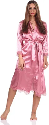 Produktbild von Damen Morgenmantel Kimono Satinrobe mit Spitze; Altrosa/M
