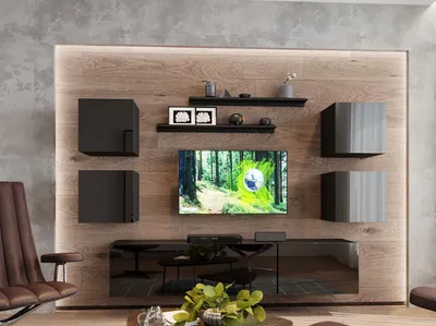 Produktbild von Moderne Wohnzimmerwand BRADT 74 - schwarz / schwarz glänzend