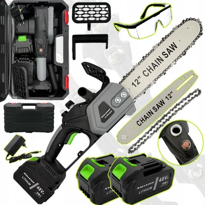 A collage of a cordless chainsaw kit, including the chainsaw, batteries, charger, extra chain, bar, protective glasses, and a carrying case.