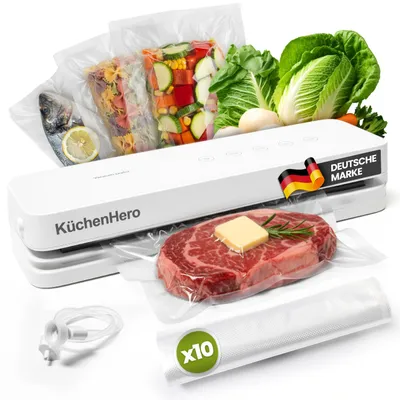 Produktbild von KüchenHero Vakuumierer mit Glasoberfläche & Touch – Premium Vakuumiergerät Weiß – Inkl. 10 Beutel & Schlauch – 5 Modi (Dry/Moist/Pulse)