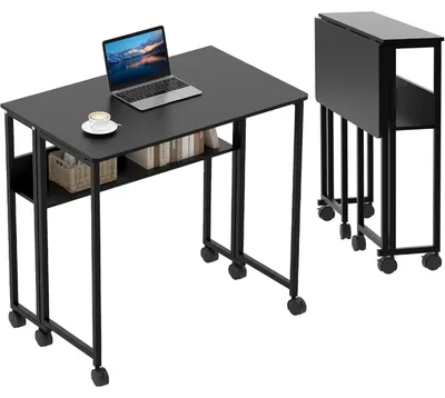Produktbild von Klappbarer Schreibtisch - Rollbarer Computertisch 63 cm - Mit Ablagefach - Platzsparend - Mobil auf Rollen - Schwarz