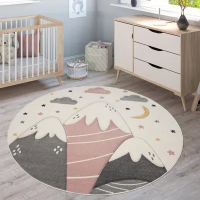 Produktbild von Kinderteppich Teppich Kinderzimmer Junge Mädchen Berge Sterne Wolken 3D Pink Grösse 200 cm Rund