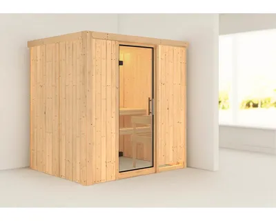Produktbild von Elementsauna Karibu Bodina ohne Ofen ohne Dachkranz mit Ganzglastüre aus Klarglas