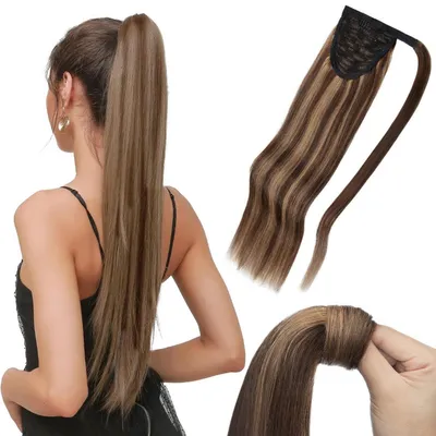 Zdjęcie produktu dla Przedłużenie włosów do koka, naturalne włosy, 50 cm, średni brąz/ciemny blond, proste, waga 95g