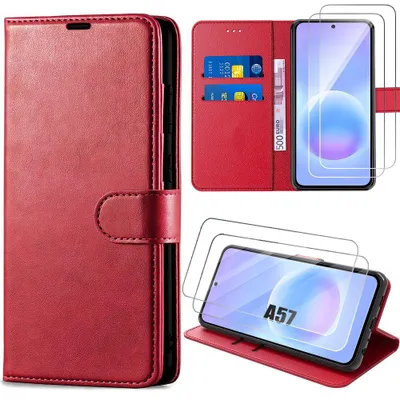 Image de Coque + 2 Verres Trempés pour Samsung Galaxy A57 5G, Protection Intégrale Effet Cuir Rouge