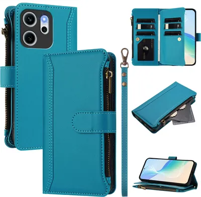 Immagine prodotto di Custodia per Oppo Reno14 F, con cerniera, portafoglio Custodia flip in Finto cuoio con tasche per carte, supporto e passante per mano Lake blu
