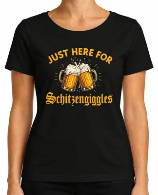 Productafbeelding van Gewoon hier voor een lachje. Bier. Proost. Traditioneel shirt. Lederhosen. Dames T-shirt, zwart, XXL