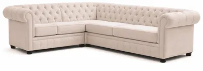 Zdjęcie produktu dla Beżowa, klasyczna narożna sofa Chesterfield, tapicerowana, pikowana. Sofy